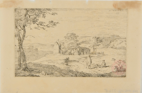 LANDSCAPE WITH FARM AND TWO MEN TALKING BY THE ROADSIDE