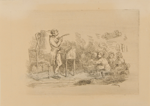 DER SCHULMEISTER IN DER SCHULE SCHNEIDET SICH DIE FEDER