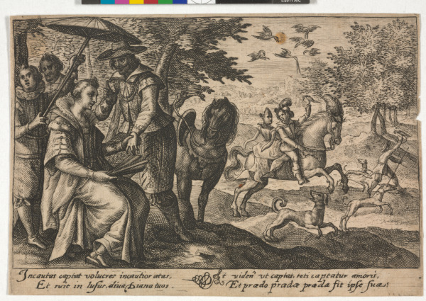 LADY SEATED BENEATH A TREE, WITH A HUNTING SCENE IN THE BACKGROUND