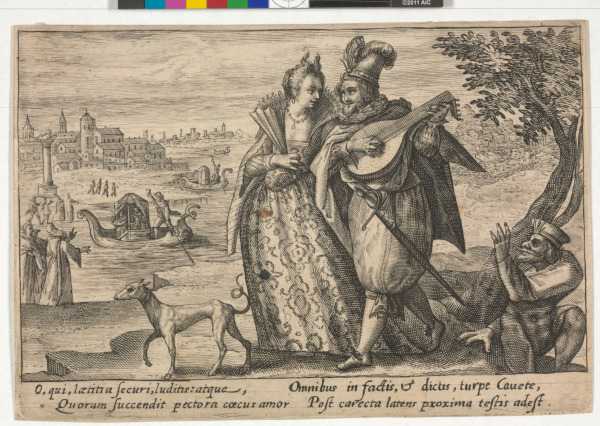 LADY AND GENTLEMAN WALKING ON THE BANK OF A RIVER