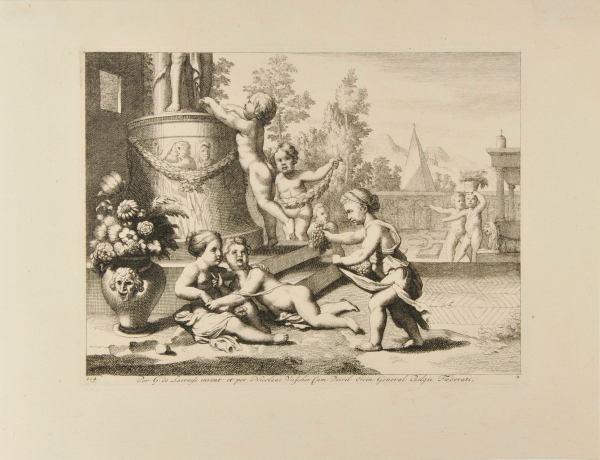 PUTTI PLAYING IN A GARDEN, WITH GRAPES AND A STATUE