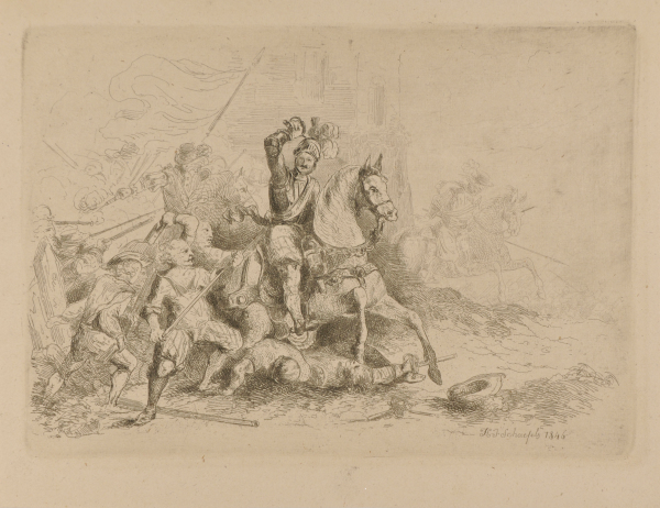 A KNIGHT ON A HORSE SURROUNDED BY OTHER FIGHTING KNIGHTS