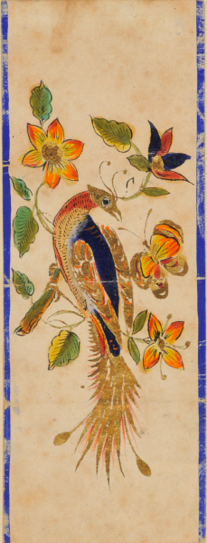 BOOKPLATE (?) WITH BUTTERFLY AND PEAFOWL ON FLOWERING BRANCH
