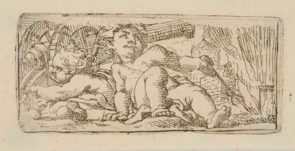 TWO CHILDREN ON THE GROUND BESIDE A CANNON