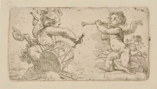TWO PUTTI, ONE WITH A DRUM AND ONE WITH A TRUMPET