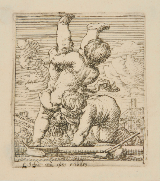 THREE CHILDREN AT PLAY, ONE HELD UPSIDE DOWN BY THE FEET