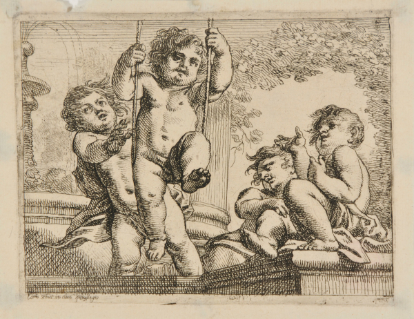 FOUR CHILDREN AT PLAY, ONE IN A SWING