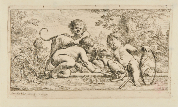 THREE CHILDREN PLAYING WITH A GREYHOUND