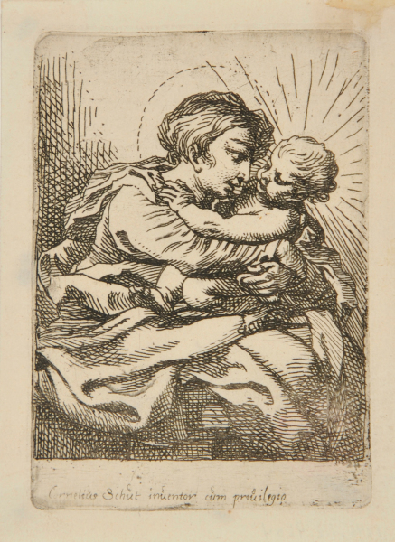 VIRGIN, TURNED TO RIGHT, HOLDING CHILD EMBRACING HER