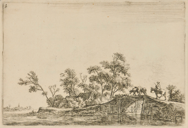 The Flock and Man on Horseback on Bridge