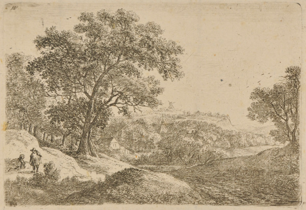 TWO TRAVELERS CONVERSING BELOW A SMALL HILL