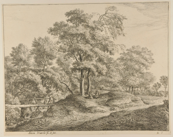 A PEASANT WOMAN AND DAUGHTER ON A SMALL WOODEN BRIDGE