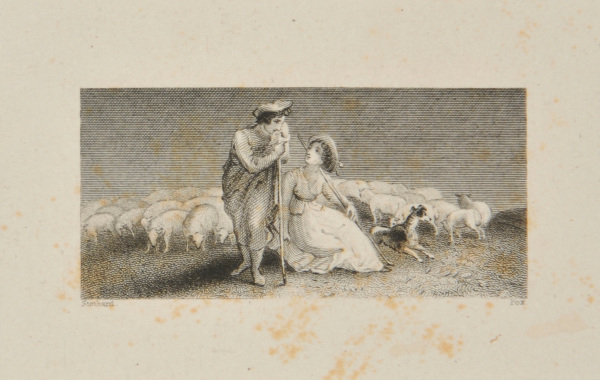 SHEPHERD AND SHEPHERDESS WATCHING A FLOCK
