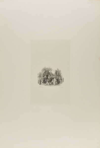 PREACHER STANDING ON A TOMBSTONE IN A CEMETERY, SURROUNDED BY HIS CONGREGATION
