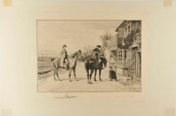 TWO MEN ON HORSEBACK BEFORE AN INN, ONE RECEIVING A DRINK FROM A YOUNG GIRL