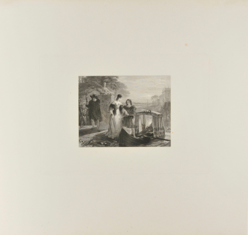 LOVERS STEPPING INTO A CANOPIED BOAT, WATCHED BY MAN WITH DAGGER