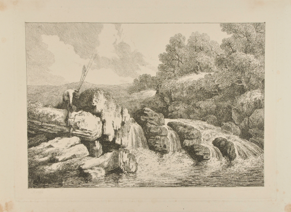TWO FISHERMEN CLIMBING ROCKS BY WATERFALL