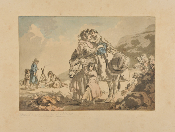 GYPSY CAMP WITH WOMAN AND TWO CHILDREN BY A DONKEY