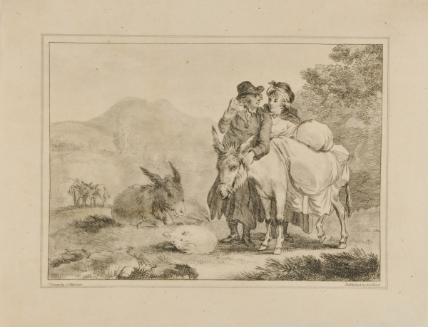 MAN AND WOMAN STANDING BY A DONKEY WITH A PACK