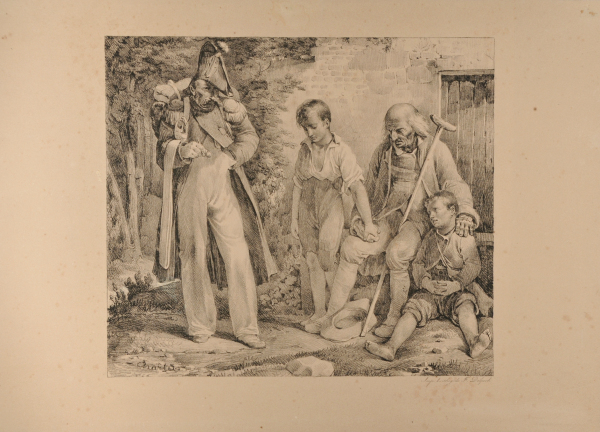SOLDIER AND OLD MAN WITH CRUTCH AND CHILDREN