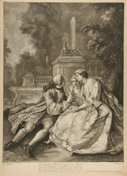 GARDEN SCENE, WITH SUITOR AND TWO YOUNG WOMEN IN FOREGROUND