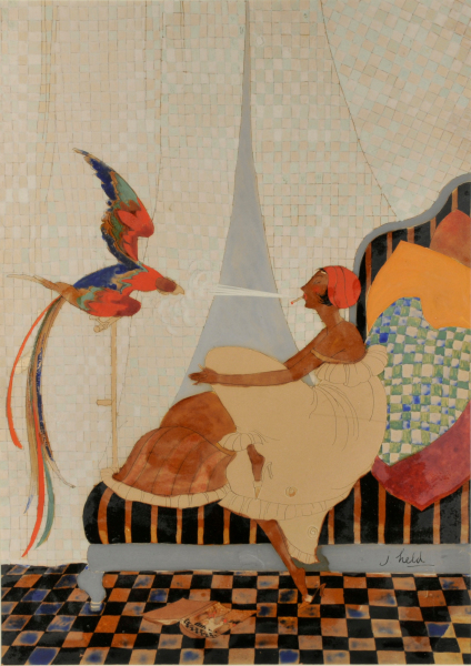 SEATED WOMAN BLOWING SMOKE AT A PARROT. ILLUSTRATION FOR THE COVER OF 'SMART SET' MAGAZINE