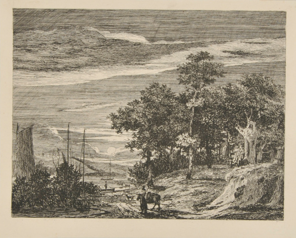 MOONLIGHT LANDSCAPE, WITH BOATS ON A RIVER