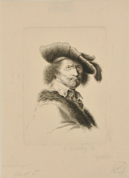 PORTRAIT OF A MAN WITH CURLY HAIR, WEARING A CAP WITH FEATHERS