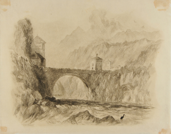 RIVER LANDSCAPE; MOUNTAINS IN DISTANCE, HERON IN FOREGROUND