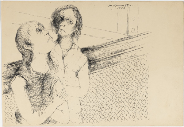 TWO FIGURES AND A CHAIN-LINK FENCE