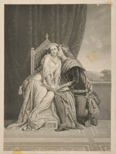 YOUNG MAN KNEELING BY YOUNG GIRL IN A CHAIR, BOTH IN MEDIEVAL COSTUME