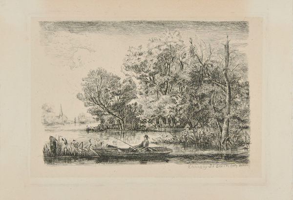 RIVER LANDSCAPE WITH MAN FISHING FROM A BOAT