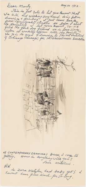 LETTER TO J. BLANKFARD MARTENET WITH A DRAWING OF PEOPLE SITTING ON BENCHES IN A PARK