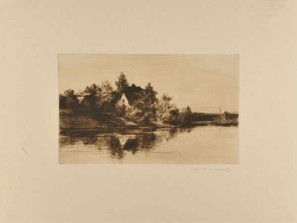 RIVER LANDSCAPE WITH HUT IN THE TREES