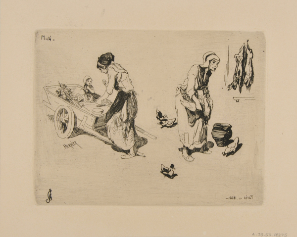 WOMAN PUSHING A BABY IN A CART, WOMAN IN A BARNYARD