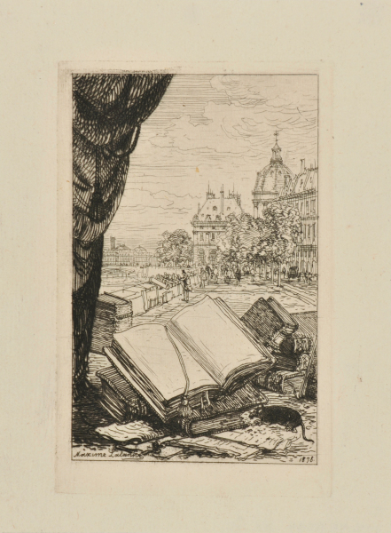 FRONTISPIECE DESIGNED FOR THE BOOK "ALEXANDRE PIEDAGNEL, UN BOUQUINISTE PARISIEN (PARIS: ÉDOUARD ROUVEYRE, 1878)"
