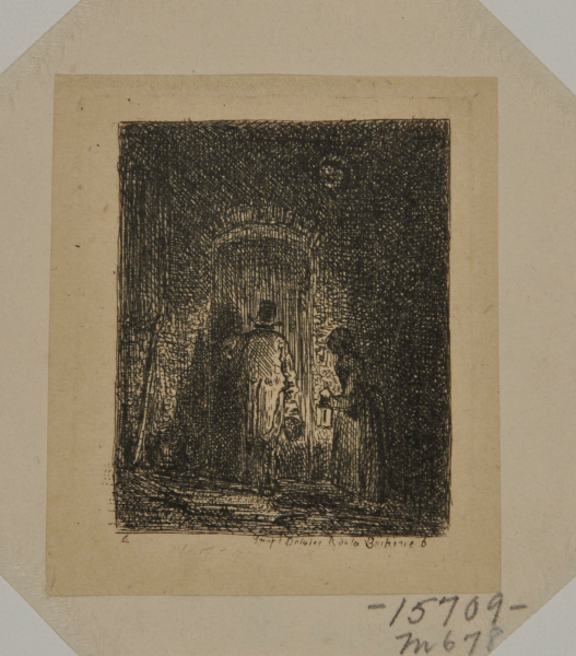 MAN AND WOMAN HOLDING LANTERN BEFORE A DOOR