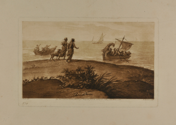 LANDSCAPE WITH TWO FIGURES AND A DOG WALKING AT THE LEFT, AND THREE BOATS IN THE DISTANCE
