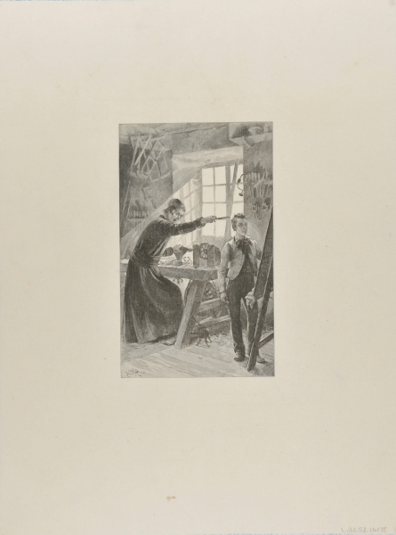 STUDIO SCENE WITH TWO MALE FIGURES, ONE IN FRONT OF AN EASEL