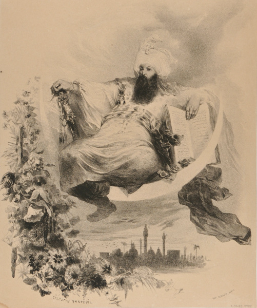 A MAN WEARING A TURBAN SEATED ON A CRESCENT MOON