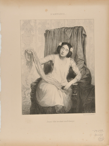 YOUNG WOMAN EMBROIDERING A SCARF