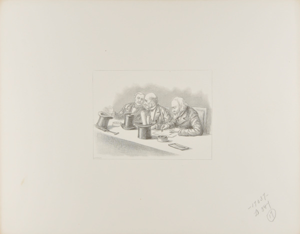 THREE MEN AT A TABLE WITH THEIR TOP HATS