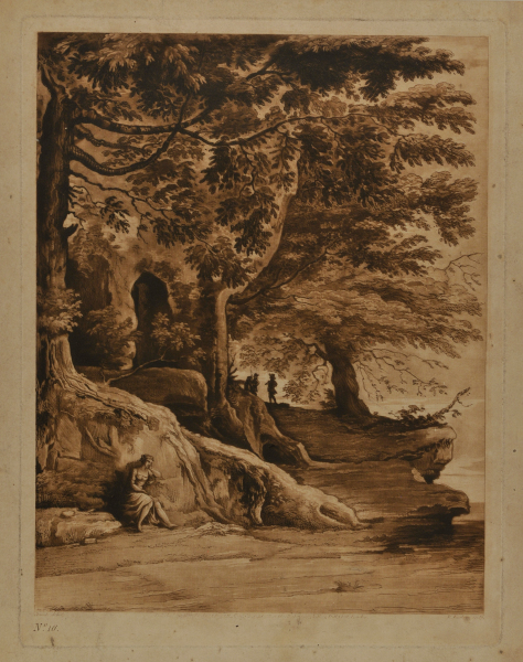 LANDSCAPE, WITH WOMAN SEATED ALONG RIVERBANK