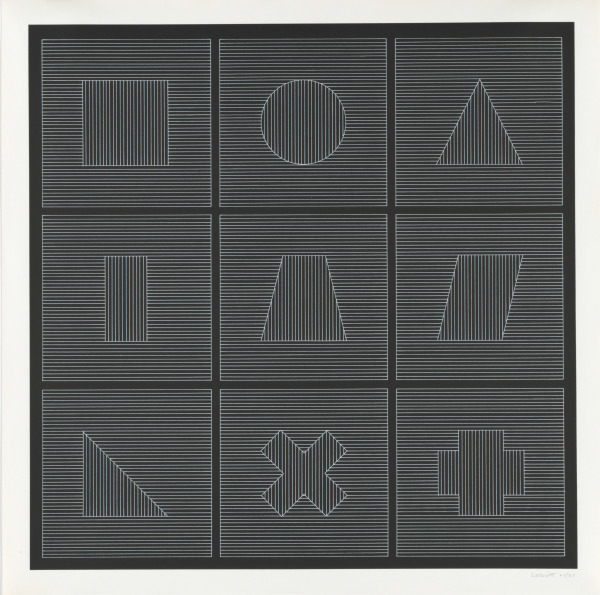 NINE GEOMETRIC FIGURES (WHITE LINES ON BLACK)