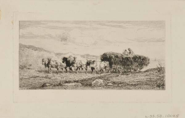 HAY CART PULLED BY THREE HORSES AND TWO OXEN