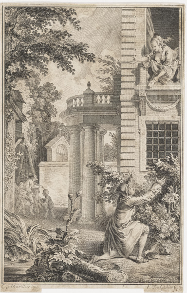 GIRL THROWING A LETTER FROM HER WINDOW TO HER LOVER