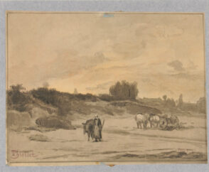 Farm Landscape with Maid and Cow, Farm Wagon Behind