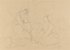 Two Seated Women in Conversation, One with a Staff