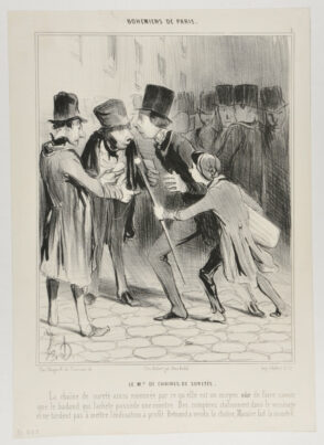 Le Md. de Chaines de Suretés. La chaîne de sureté ainsi nommée parce qu’elle est un moyen sûr de faire savoir que le badaud qui l’achète possède une montre. Des compères stationnent dans le voisinage et ne tardent pas à mettre l’indication à profit. Bertrand a vendu la chaîne, Macaire fait la montre.