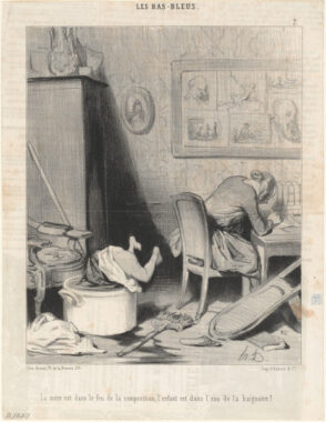 La mère est dans le feu de la composition, l’enfant est dans l’eau de la baignoire!